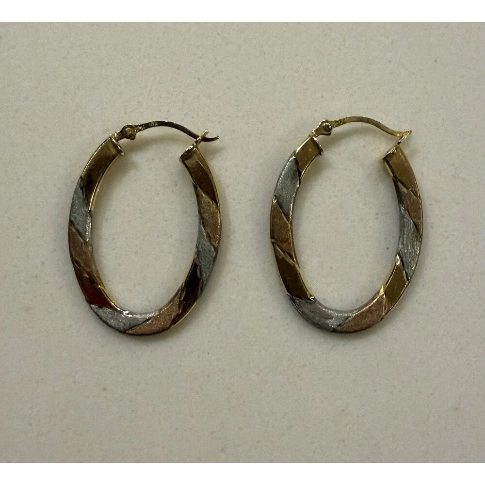 Vintage 10K Yellow Rose White Gold Tri-Color Diamond Cut Oval Hoop Earrings